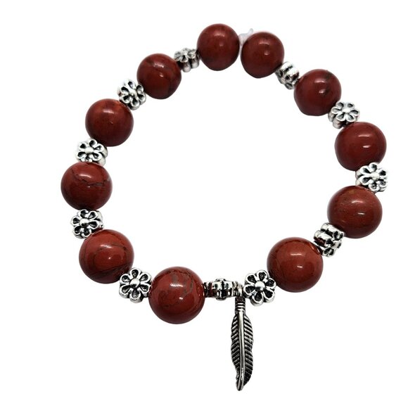 Jasper beaded stretch bracelet red feather charm - Picture 2 of 2